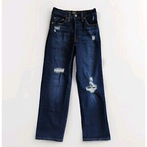 Levi’s Ribcage Straight Ankle Jeans Womens Sz 24 Dark Wash Distressed Button Fly